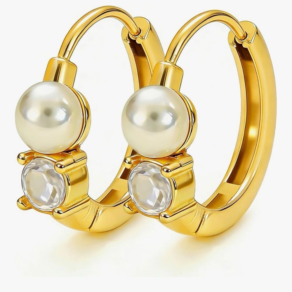 NEW 14K Gold Plated Elegant Gold and Pearl Hoop Earrings